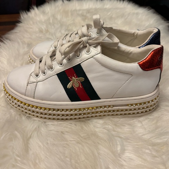 Gucci Women’s White Leather Rhinestone Platform Sneakers Size 39 US 9 - Picture 5 of 11